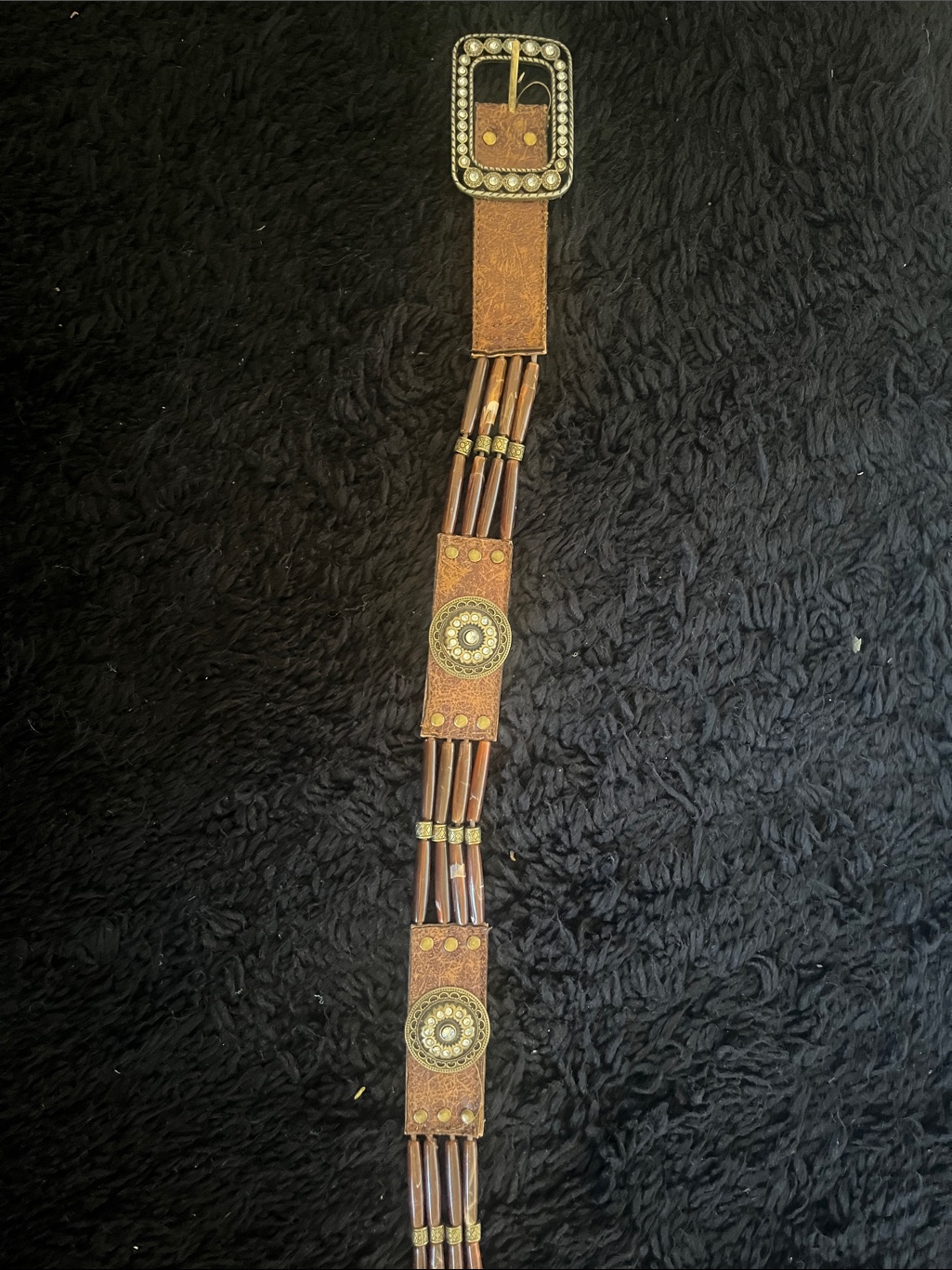 Bohemian Brown Beaded Vegan Leather Belt With Decorative Medallions Sz Medium